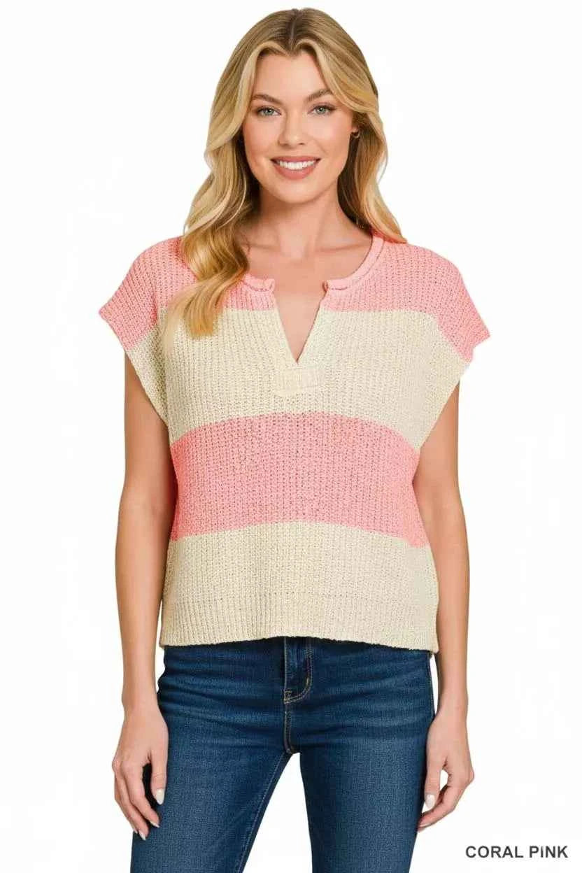 Zenana Split Neck Sleeveless Stripe Sweater CORAL PINK c02b1b9a-21f4-4444-8b93-799f23c8b35b-Max-Origin