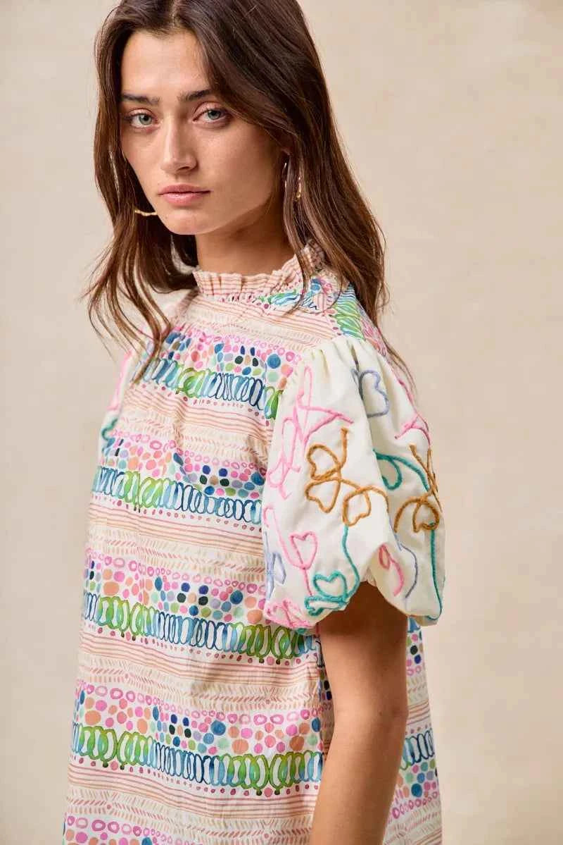 BiBi Ruffle Neckline Blouse With Embroidery Bubble Sleeve c02daa942a884ae7915a3411a296c8eb-Max-Origin