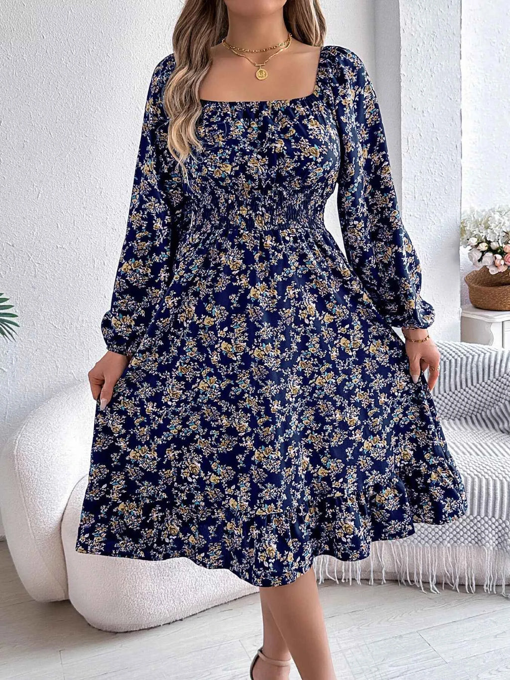 Floral Print Long Sleeve Square Neck Midi Dress Navy Blue c036d5d24038403792380e24976dff3c-Max-Origin