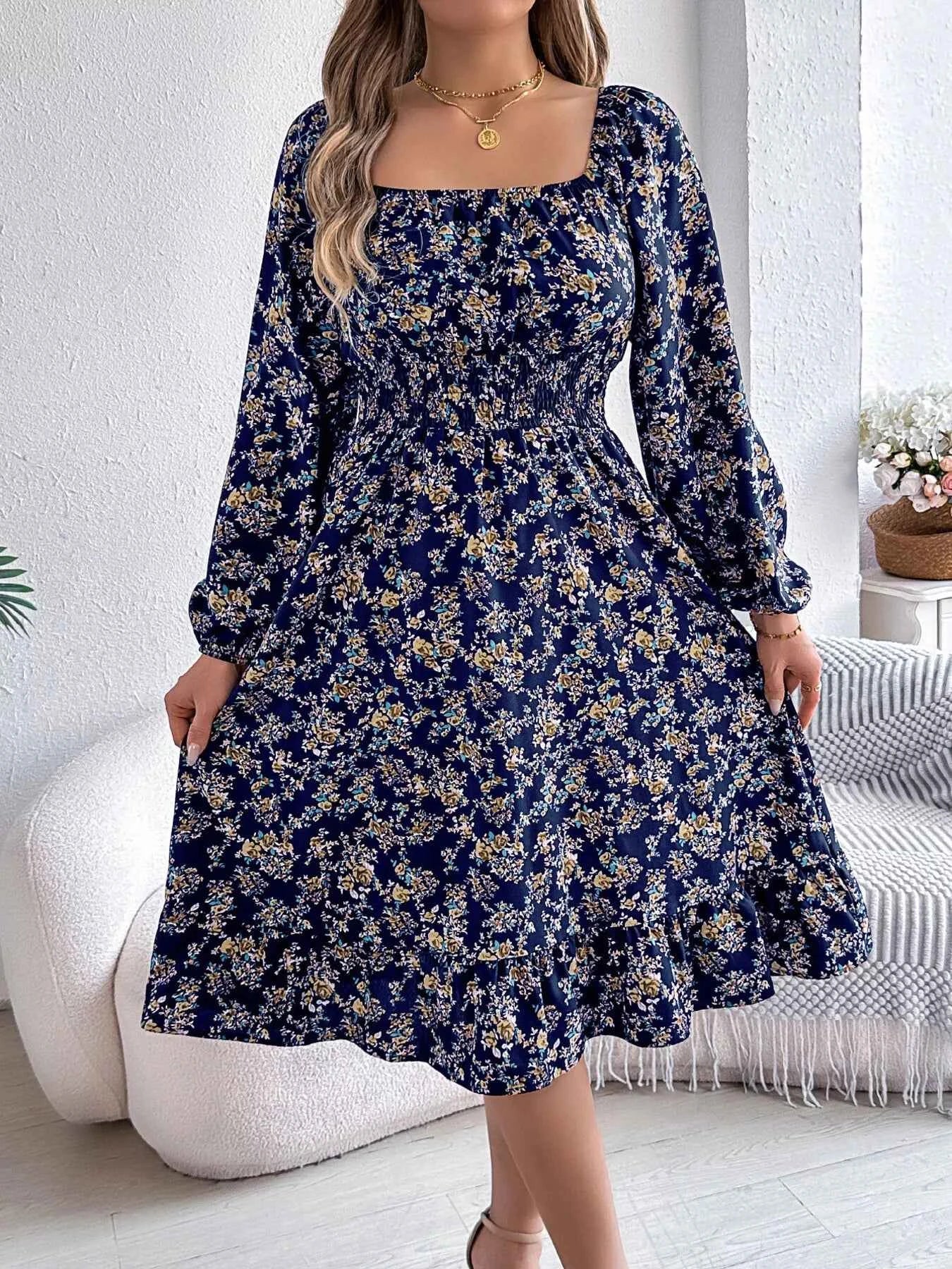 Floral Print Long Sleeve Square Neck Midi Dress Navy Blue c036d5d24038403792380e24976dff3c-Max-Origin