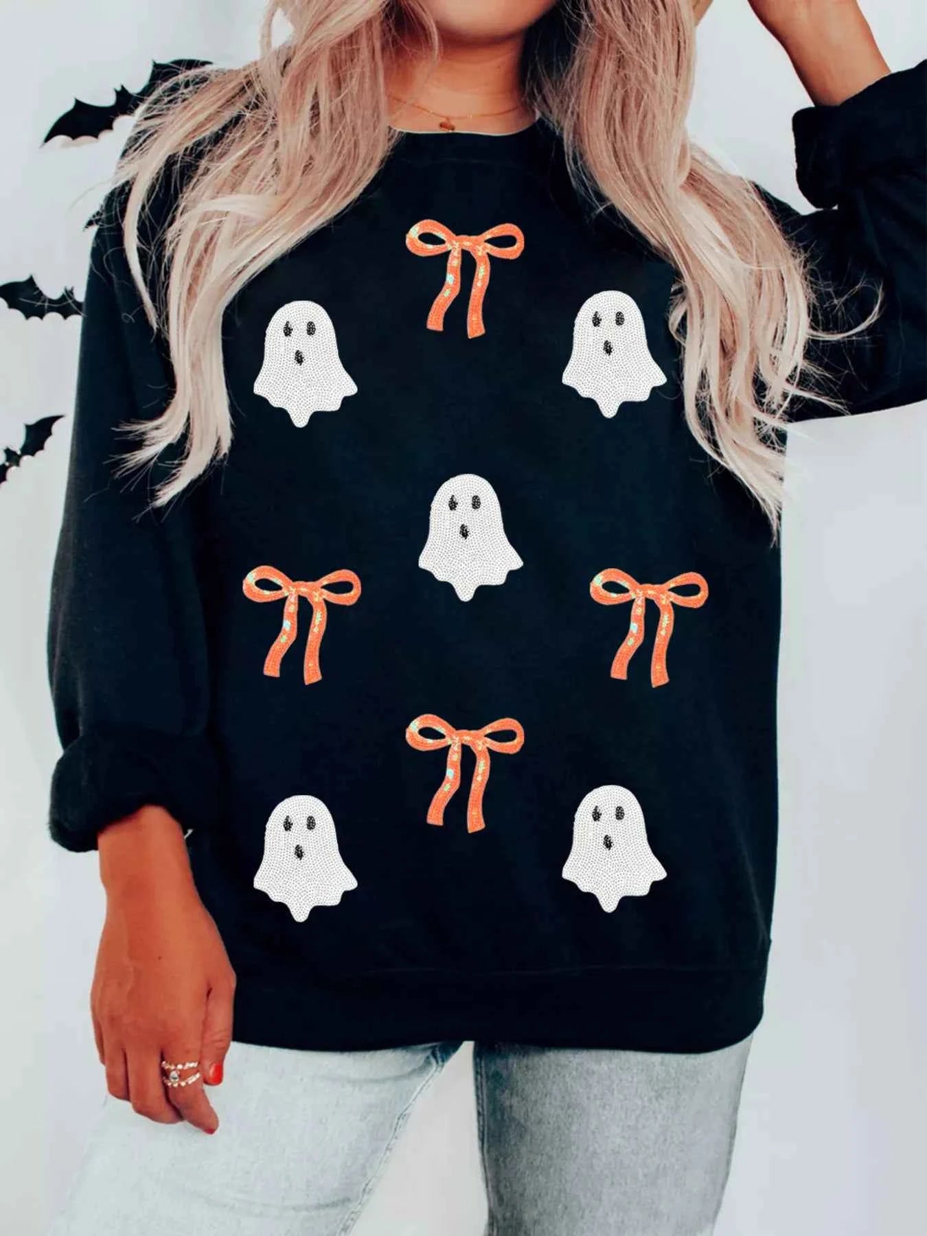 Halloween Ghost Bow Sequin Patched Drop Shoulder Sweatshirt c0378b3c01964017b65b6f65a509c676-Max-Origin