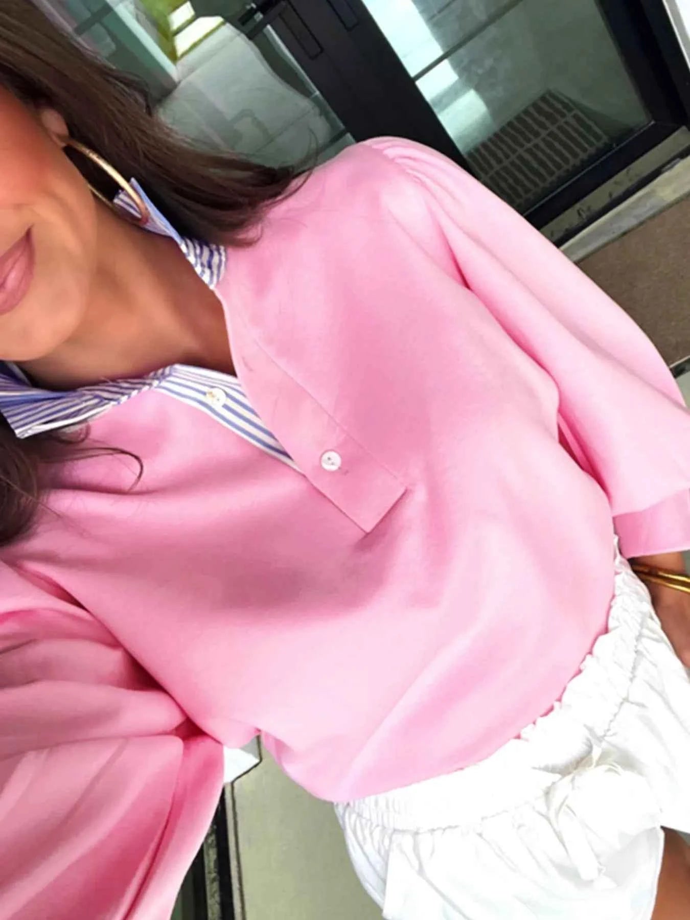 Striped Collar Patchwork Puff Sleeve Sweatshirt c03911e5-fd5c-4475-a780-0464d55f8593-Max-Origin
