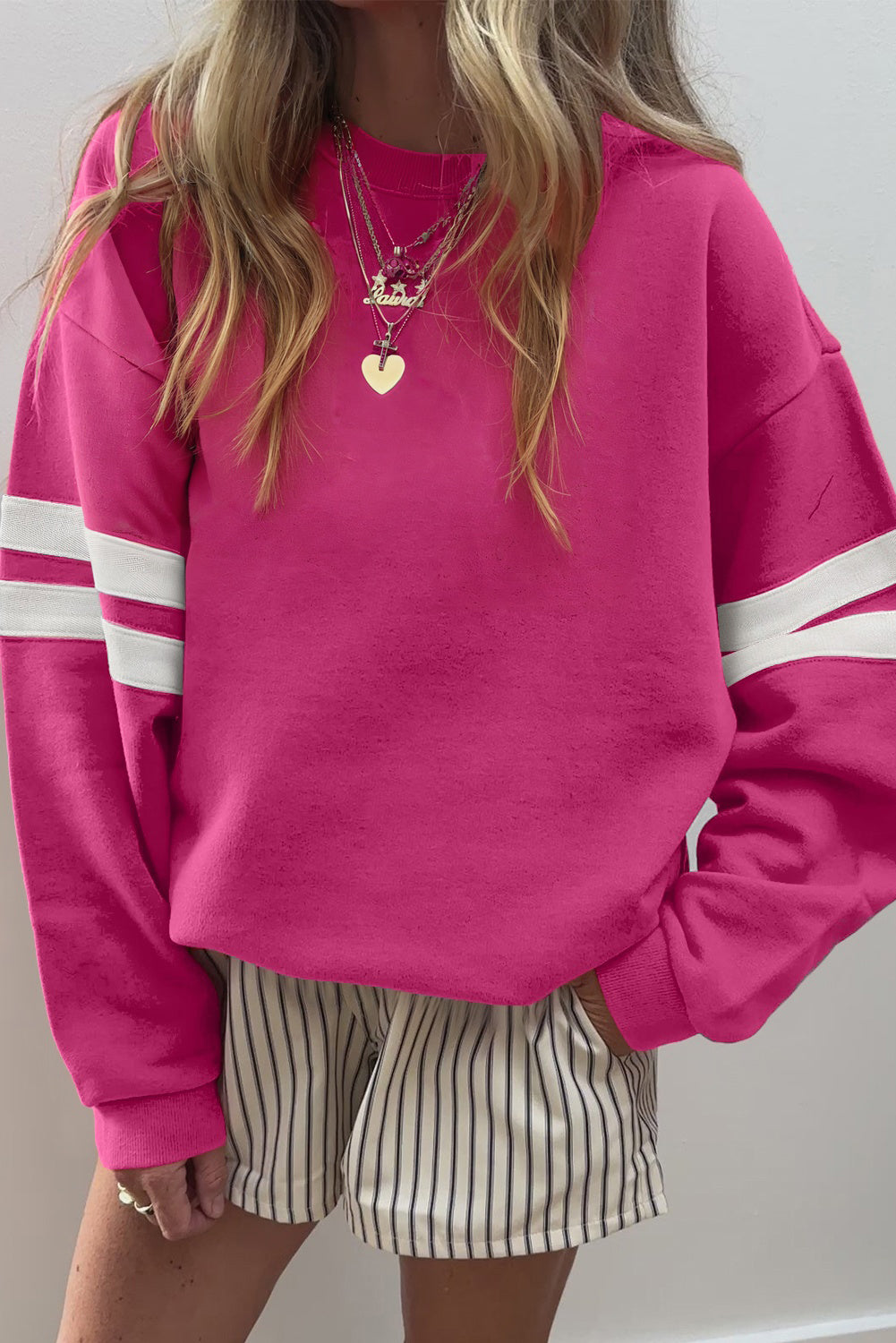 White Preppy Striped Sleeve Loose Sweatshirt c03964ebcae434ec