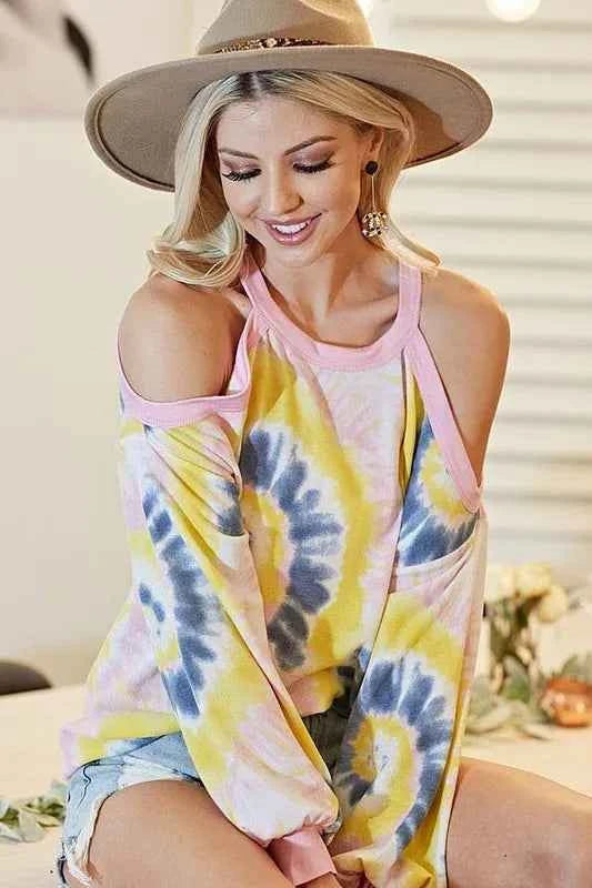 Tie Dye Print Terry Top with Cold Shoulder Detail c04b3a4553f9480aa1fa73f8a1e76bb3-Max-Origin