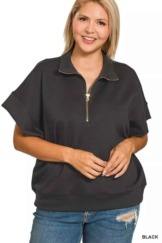 Full Size Scuba High Neck Half Zip Short Sleeve Top Plus Size c04fe8de-45ed-4599-906c-edc89503eb82-Max-Origin