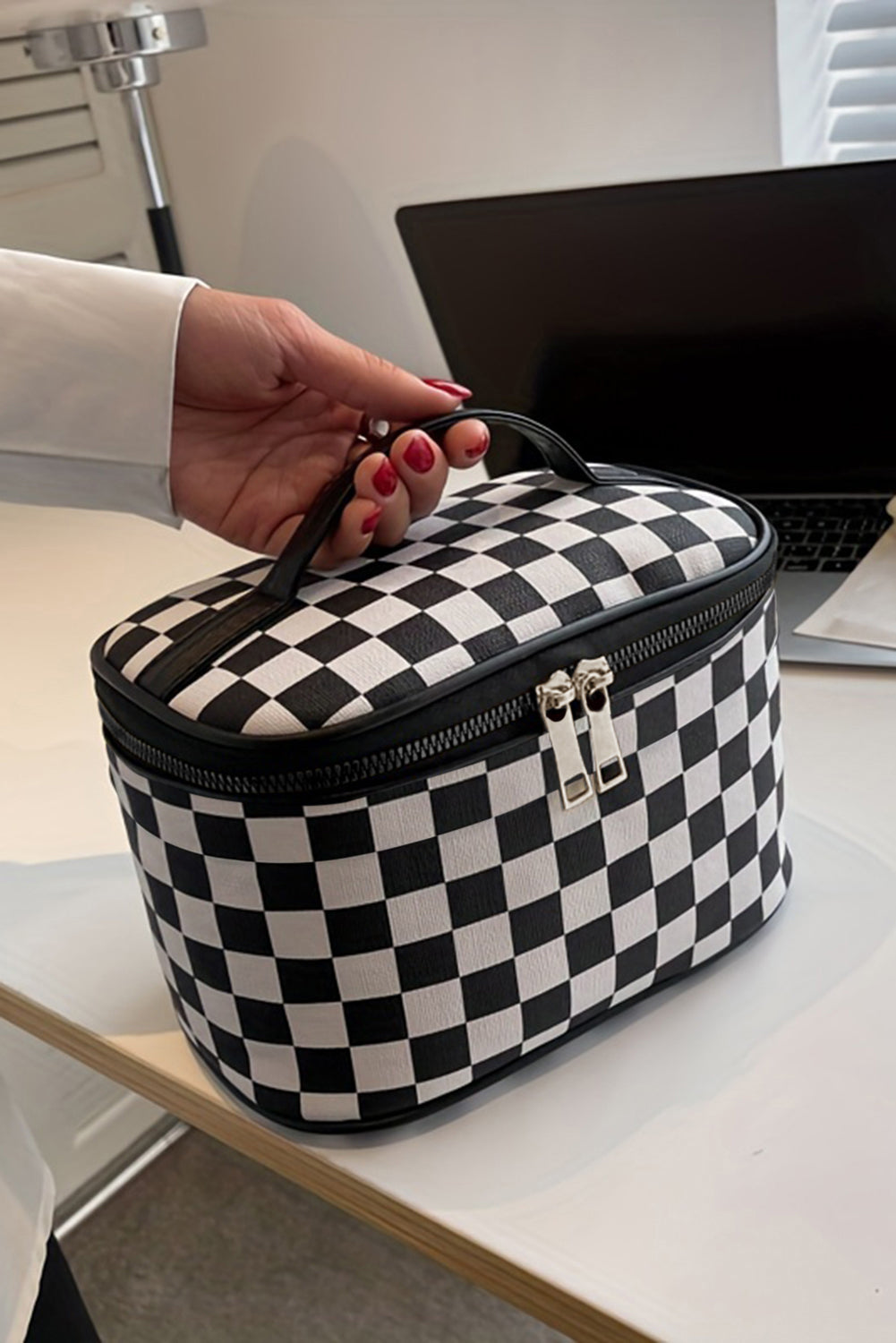 Black Checkered Zipper Large Cosmetic Bag with Handle c0511c2b42ccf0fa