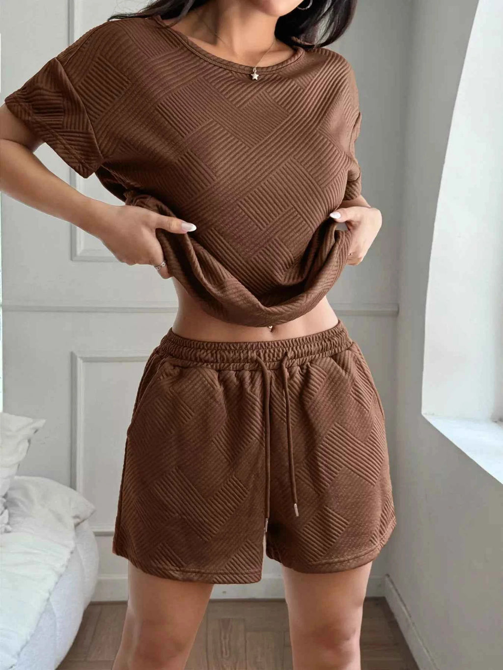 Textured Knit Round Neck Top and Shorts Set Brown c058227690744f4c8d6cb8bc64a4ee58-Max-Origin