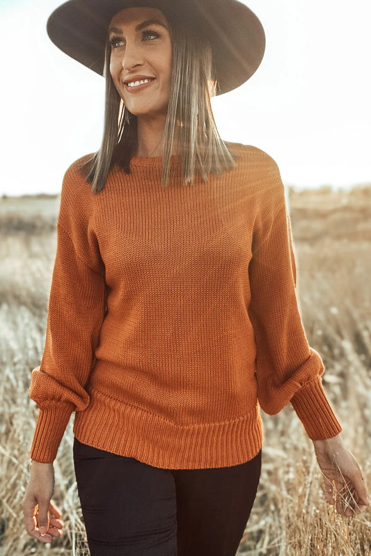 Gold Flame Solid Color Ribbed Trim Drop Shoulder Sweater c05f9e90ff453ac6