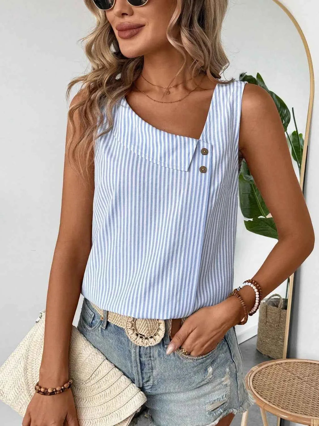 Decorative Button Asymmetrical Striped Tank c0663120-84c7-413f-ab95-63febf77dd02-Max-Origin