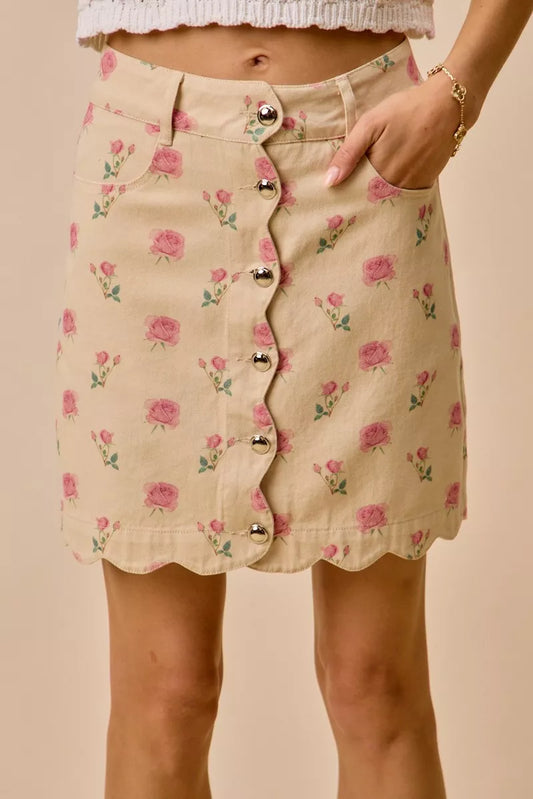 SO ME Floral Rose Print Cotton Twill Scallop Mini Skirt IVORY PINK c069411bc2844c0d900fa81c209e0bb3-Max-Origin