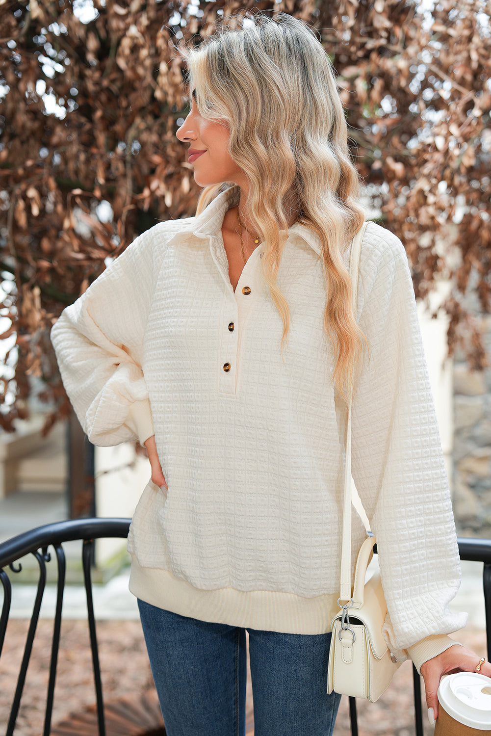 Beige Balloon Sleeve Casual Collared Button Sweatshirt c06954315a98dc2d
