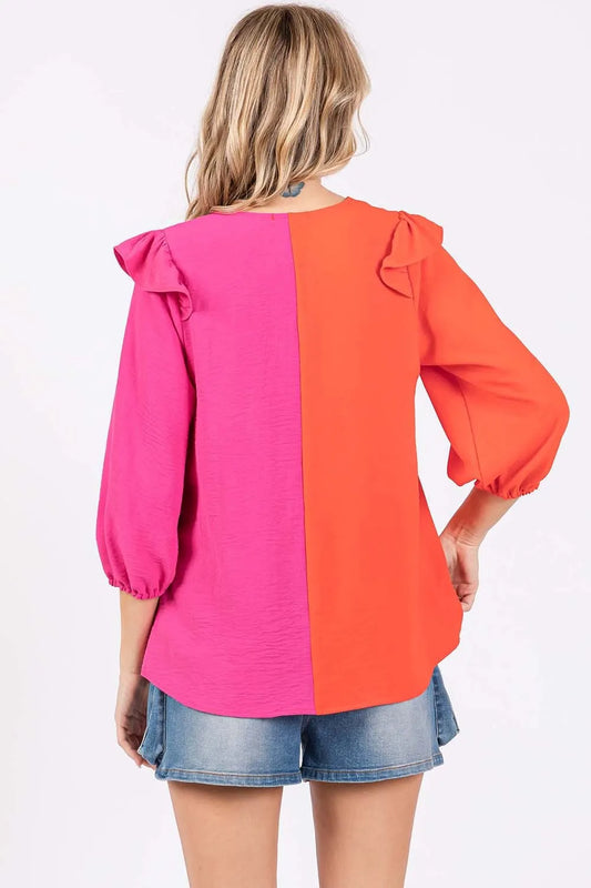 GeeGee Full Size Ruffle Trim Contrast Blouse c06a532d-5ea4-4866-8f95-391ad4d3ab73-Max
