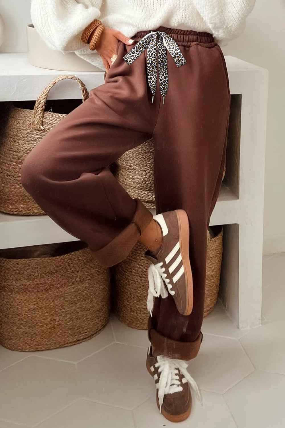 Oatmeal Fleece Lined Leopard Drawstring Elastic Waist Solid Pants c06df30438d32b26