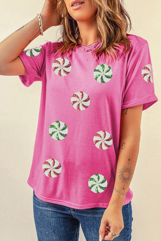 Sachet Pink Peppermint Candy Pattern Sequins Patch Christmas Custom T Shirt c0720f53791ff411