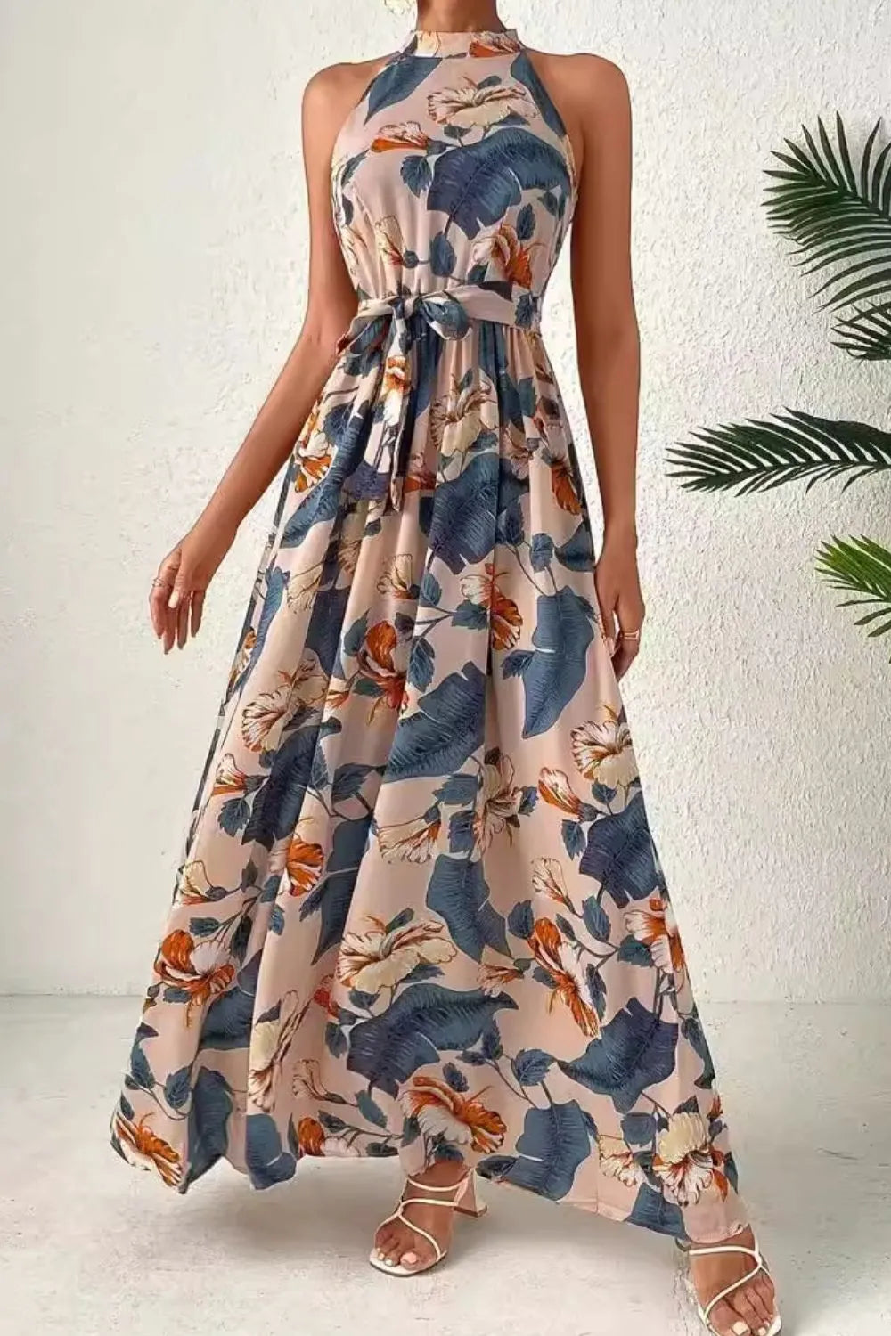 Tied Floral Sleeveless Dress Dusty Blue c0775bd2-da17-4dc8-ad5d-155b0cb029a9-Max
