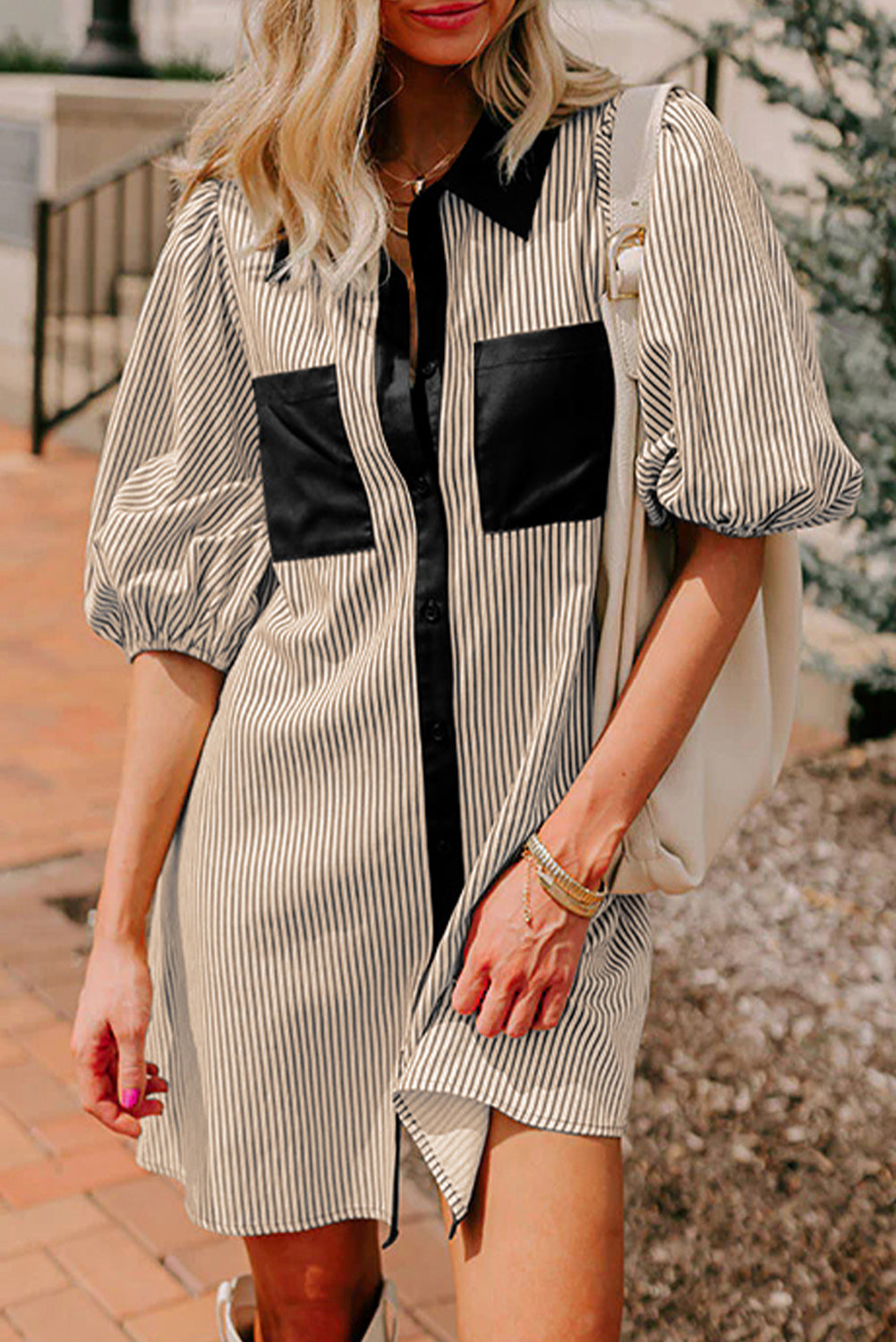 Green Stripe Color Block Patchwork Shirt Collar Button Down Puff Sleeve Mini Dress Black Stripe 50%Polyester+50%Cotton c07d5452cbf62c60