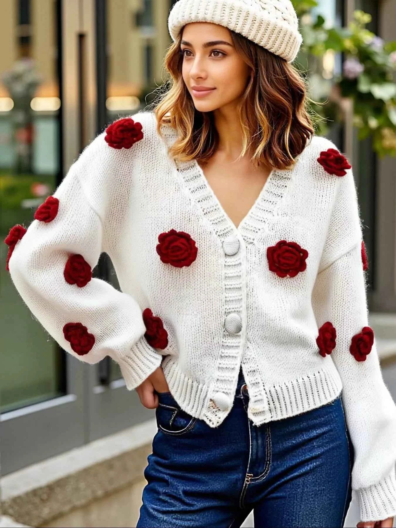 Rose Embellished V-Neck Cardigan c08341d4-891d-4437-8963-affa5eadaaf1-Max-Origin
