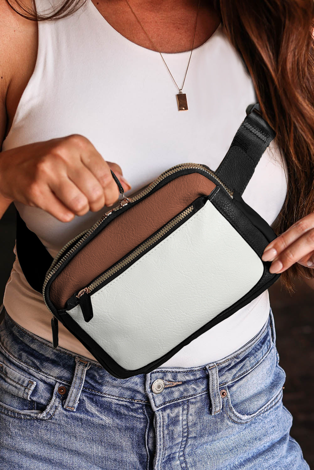 White Color Block Adjustable Belt PU Leather Crossbody Bag c086f8fc60ee2377