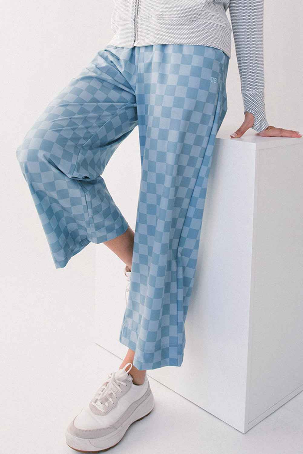 Khaki Tie Elastic Waist Checkered Loose Pants c088d0cb6edfd10b
