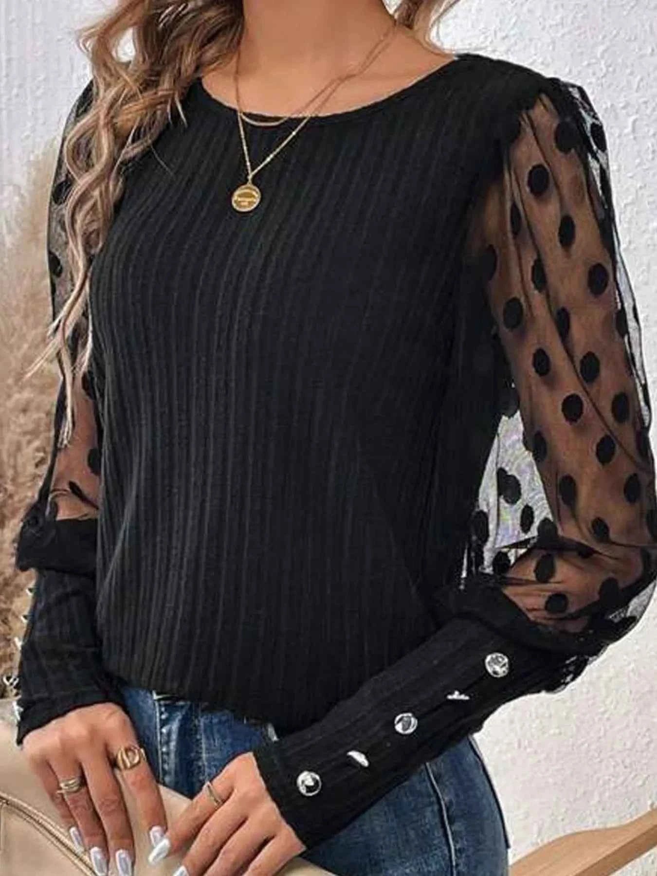 Polka Dot Sheer Sleeve Blouse c08ceee0158f4a239622f05ef7270206-Max-Origin