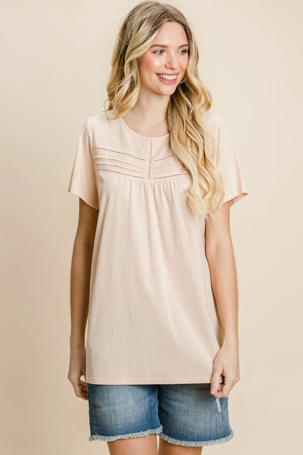 Cotton Bleu by Nu Label Eyelet Round Neck Short Sleeve T-Shirt c08d9614-a01b-4a0a-bcab-0fd06c385b87-Max