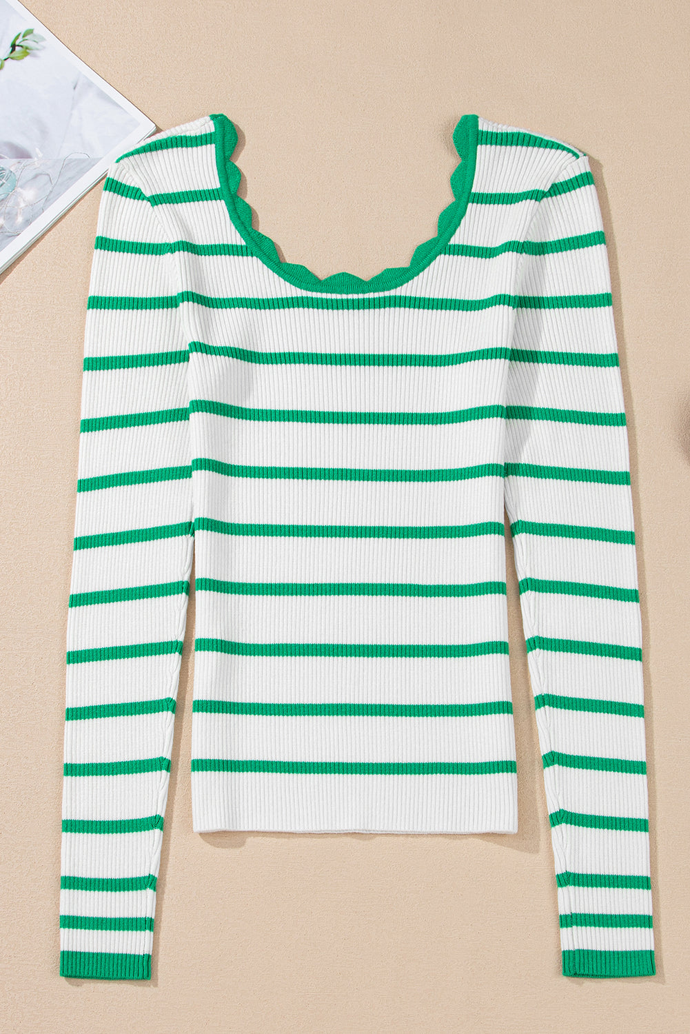 Bright Green Scalloped Edge Striped Long Sleeve Sweater c0921af5d97f6d7f