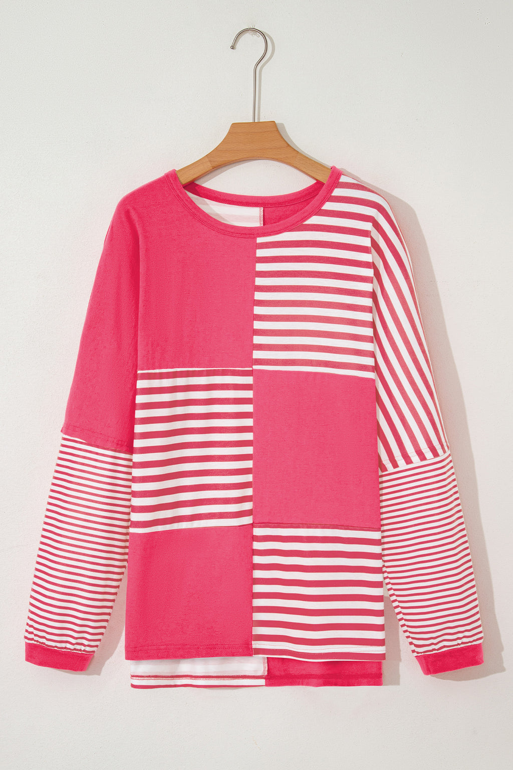 Pink Stripe Color Block Patchwork Drop Shoulder Long Sleeve Tunic Top c094dca7a65ffefe