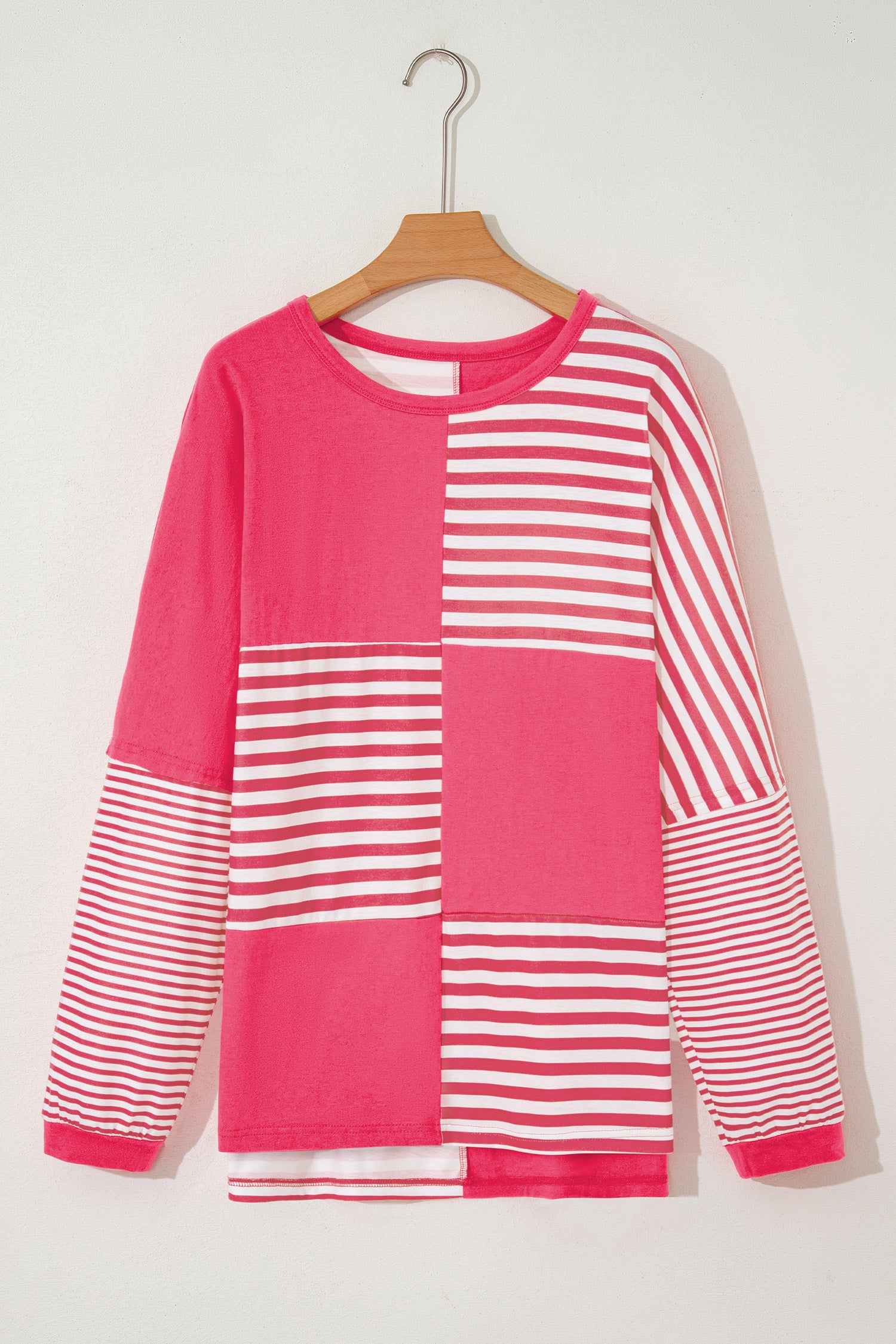 Pink Stripe Color Block Patchwork Drop Shoulder Long Sleeve Tunic Top c094dca7a65ffefe
