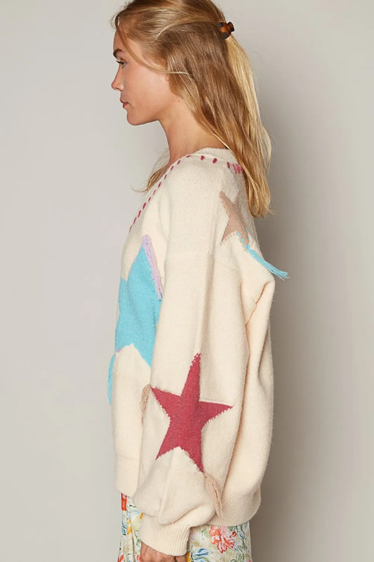 V-Neck Long Sleeve Star Fringe Sweater c0969c81-b5a2-4f77-ae7f-c84516045b01-Max
