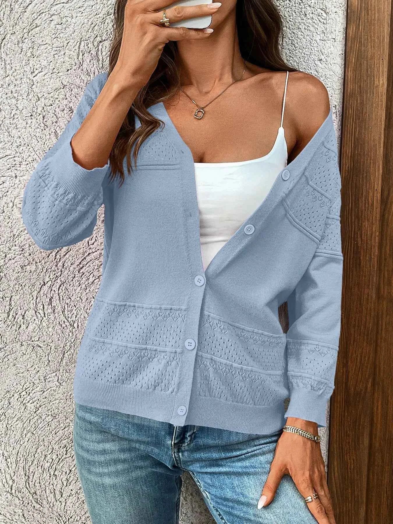Textured Button-Front Cardigan with 3/4 Sleeves c0972990-0bf4-4196-9ac6-d26a03abecf7-Max-Origin
