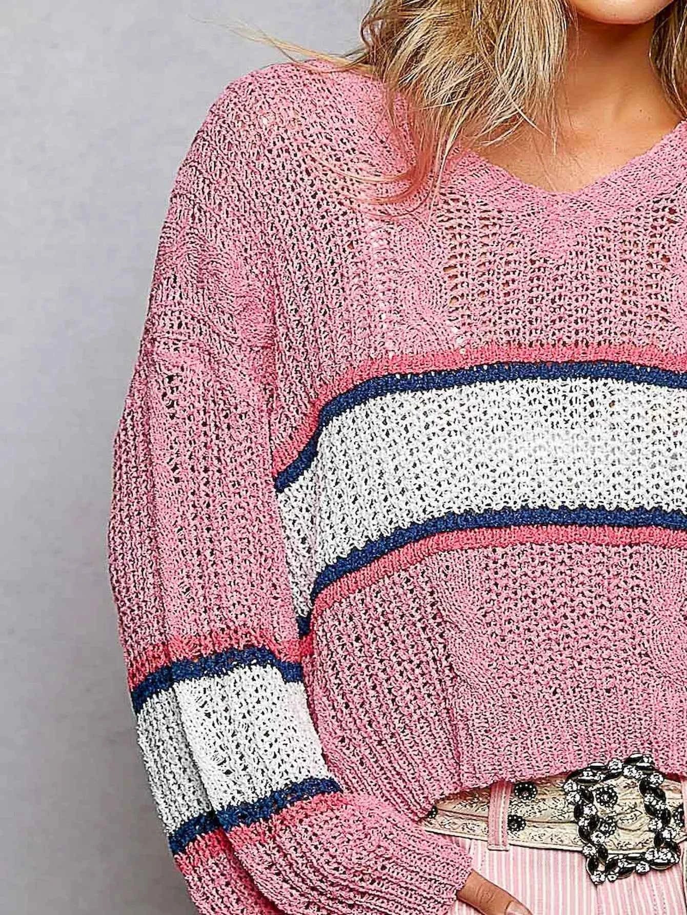 POL V-Neck Striped Pattern Cropped Knit Top with Cable Knit Detail c09780bd-7c5f-4acb-9fc4-66d06ea1b9c0-Max-Origin