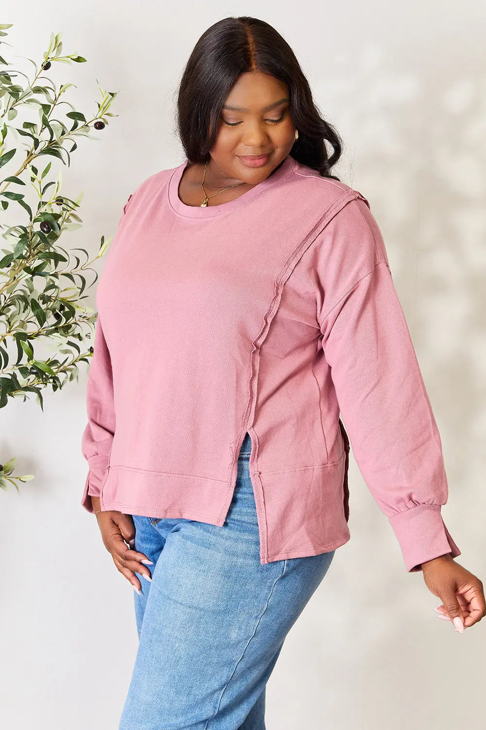 Culture Code Full Size Round Neck Exposed Seam Slit Top c0990ee426bc48d383380128dcf25f08-Max