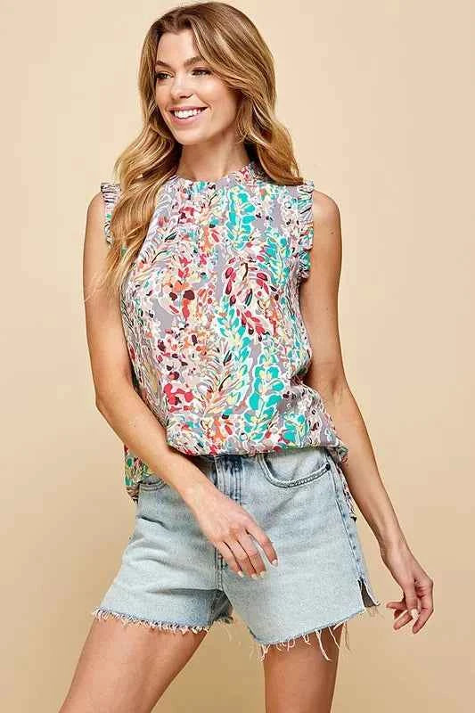 Lime 'N' Chili Full Size Graphic Print Ruffle Trim Mock Neck Sleeveless Top Plus Size LT GREY c099157212844fe2814d9a631a75591f-Max-Origin