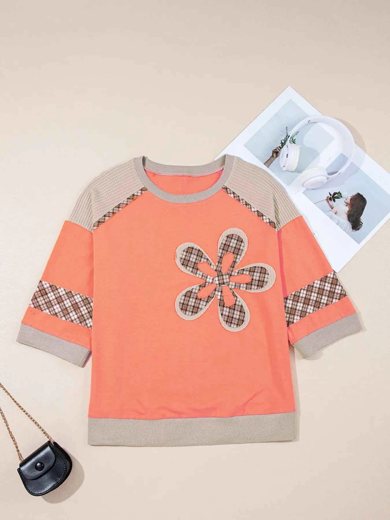 Plaid Waffle Flower Patchwork Contrast Top c0a760e2a6b04fd19dfe601fd7f66d24-Max-Origin