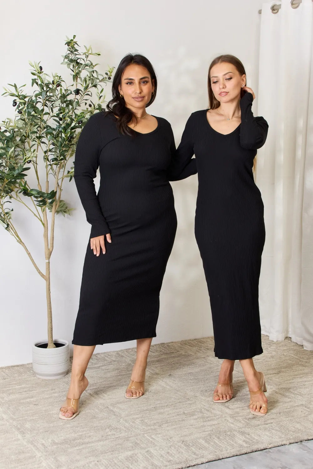 Culture Code Full Size Ribbed Long Sleeve Midi Slit Dress c0a83fea1d704fa490d924bca893e055-Max