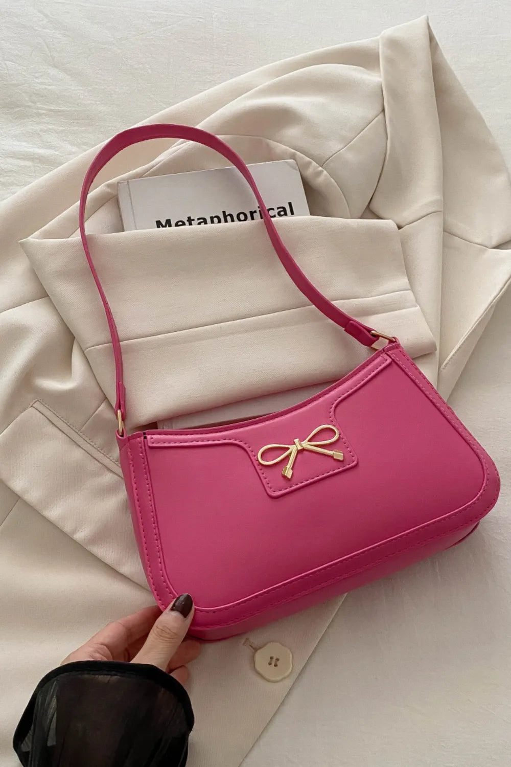 Bow Trim PU Leather Shoulder Bag Hot Pink One Size c0adb477-3c73-484a-b942-a2cc97cca8ce-Max