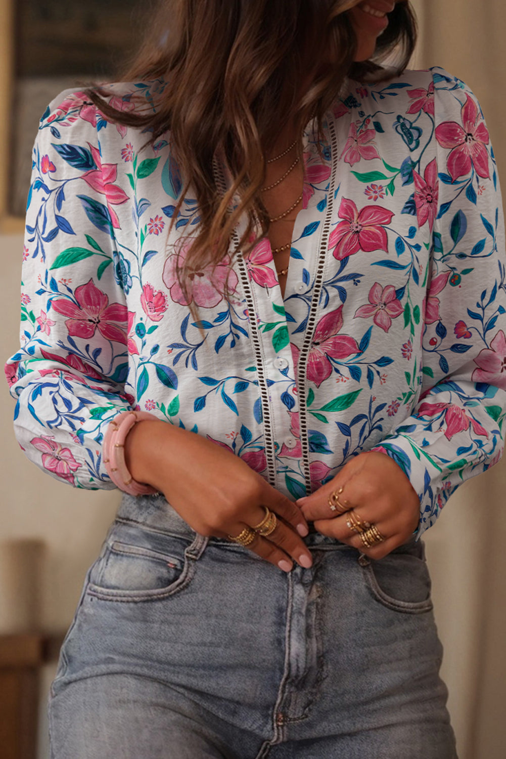 Pink Floral Print Lace Detail Button-up Long Sleeve Shirt Pink 80%Viscose+20%Polyamide c0b08aff76c60556