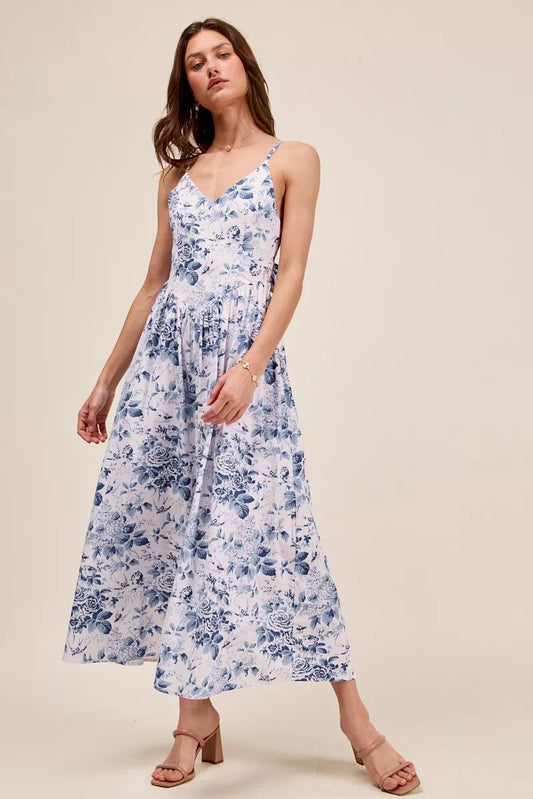 Floral V-Neck Woven Dress with Back Ribbon Tie - 100% Cotton c0b1e81f-5294-42bf-8249-70bd242bf5a6-Max-Origin
