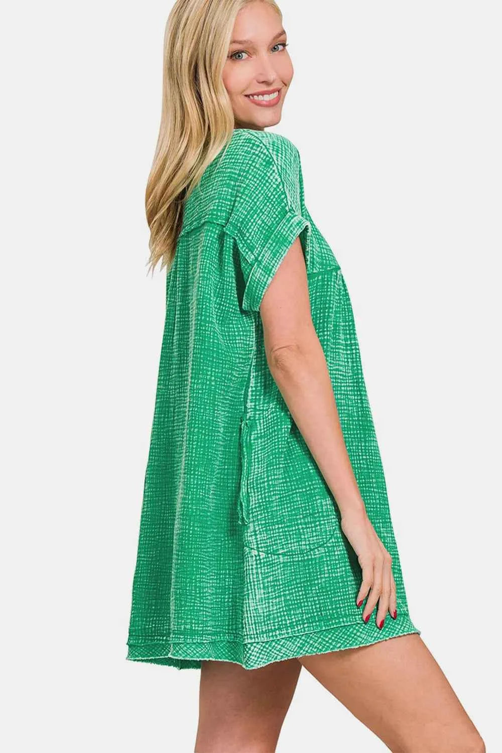 Zenana Washed Notched Short Sleeve Mini Dress c0b6016d-7882-4963-bf00-8e62e5e9b6fa-Max