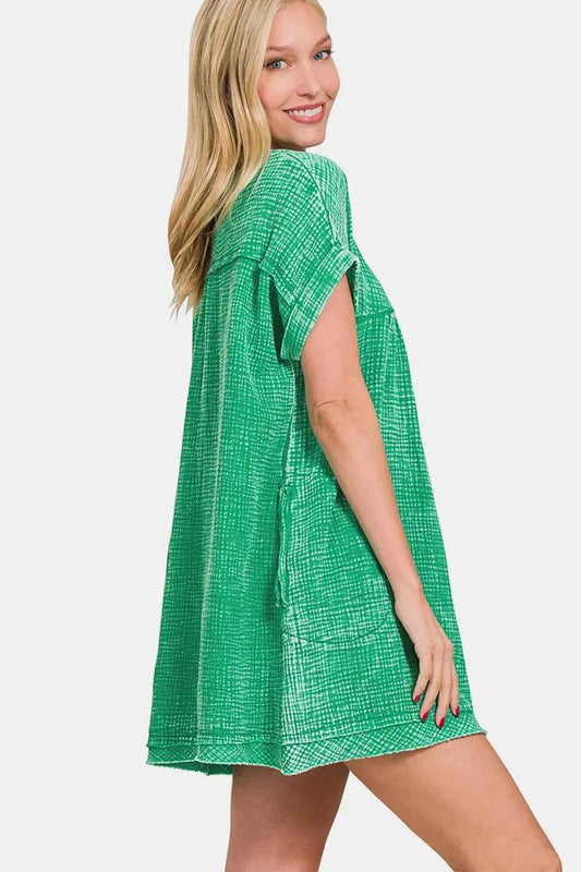 Zenana Washed Notched Short Sleeve Mini Dress c0b6016d-7882-4963-bf00-8e62e5e9b6fa-Max