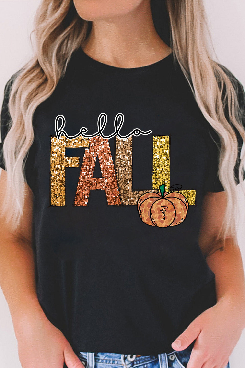Black Hello Fall Letter Pumpkin Heat Transfer Printing T Shirt c0b6389f45999f77