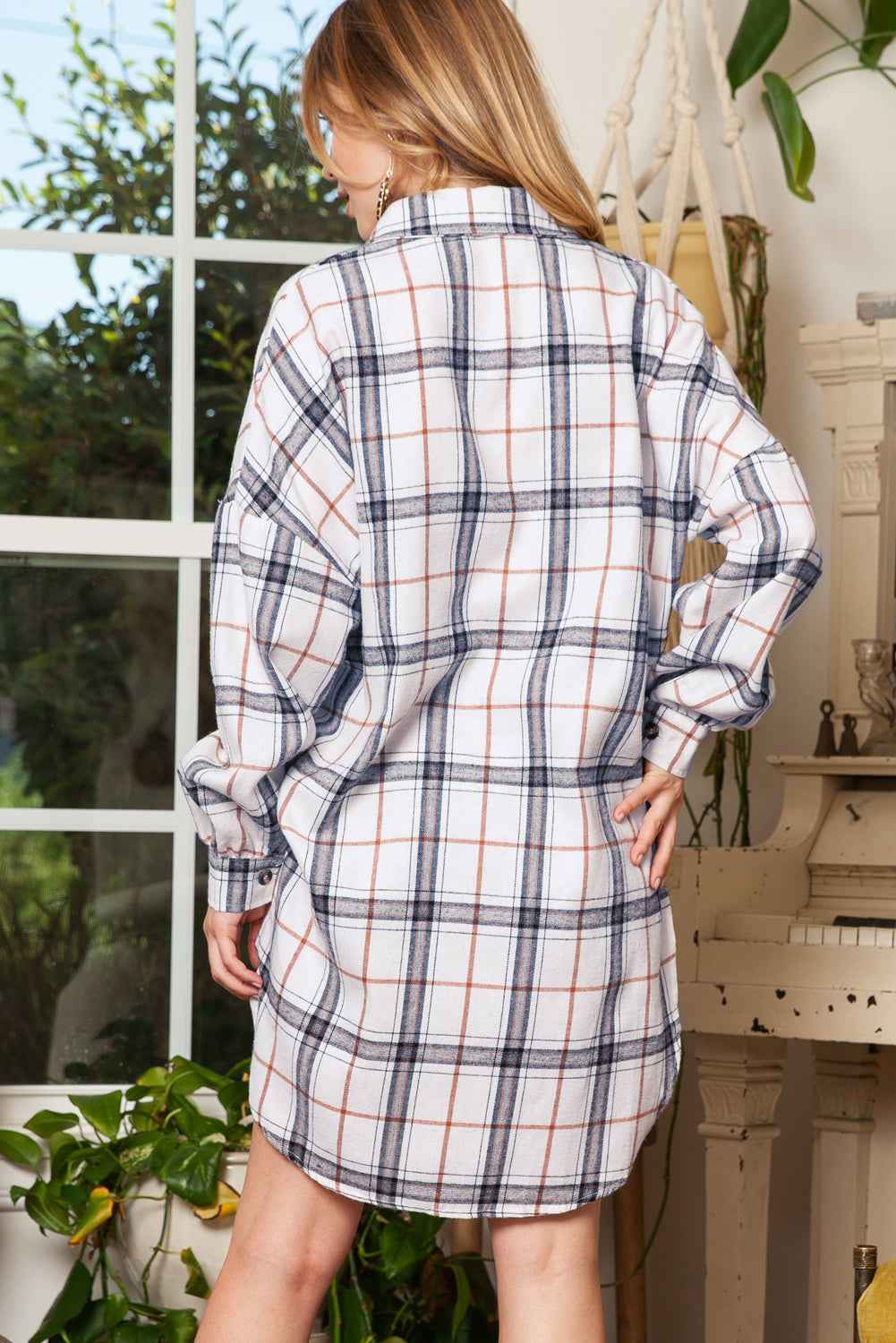 White Plaid Slits Bishop Sleeve Oversized Shacket c0b98dd44eea05f2