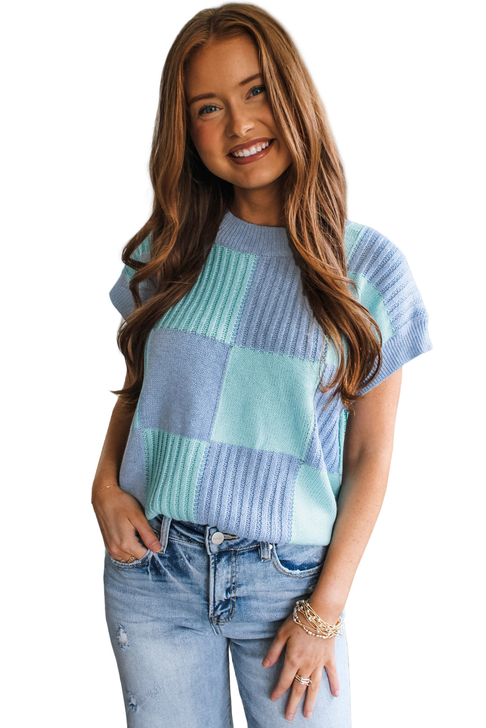 Light Blue Checkered Color Block Crew Neck Short Sleeve Sweater Light Blue 100%Acrylic c0bd72c546c84ca0