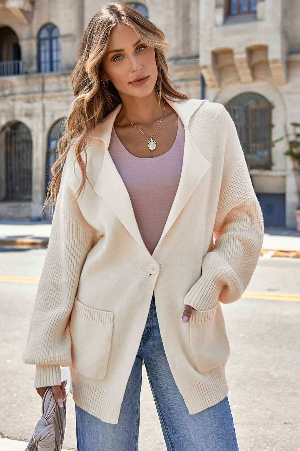 Beige Solid Color Knit Lapel Collar Single Button Sweater Cardigan Beige 50%Viscose+28%Polyester+22%Polyamide c0c2505e24581f7f