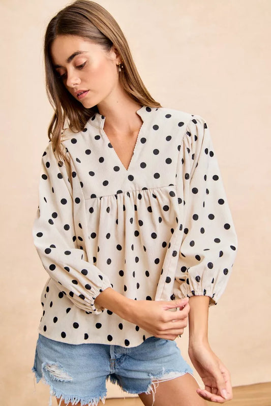 Polka Dot Corduroy Quarter Sleeves V Neck Blouse c0c29a4978344b0f9fe8fa7bf11c554f-Max-Origin