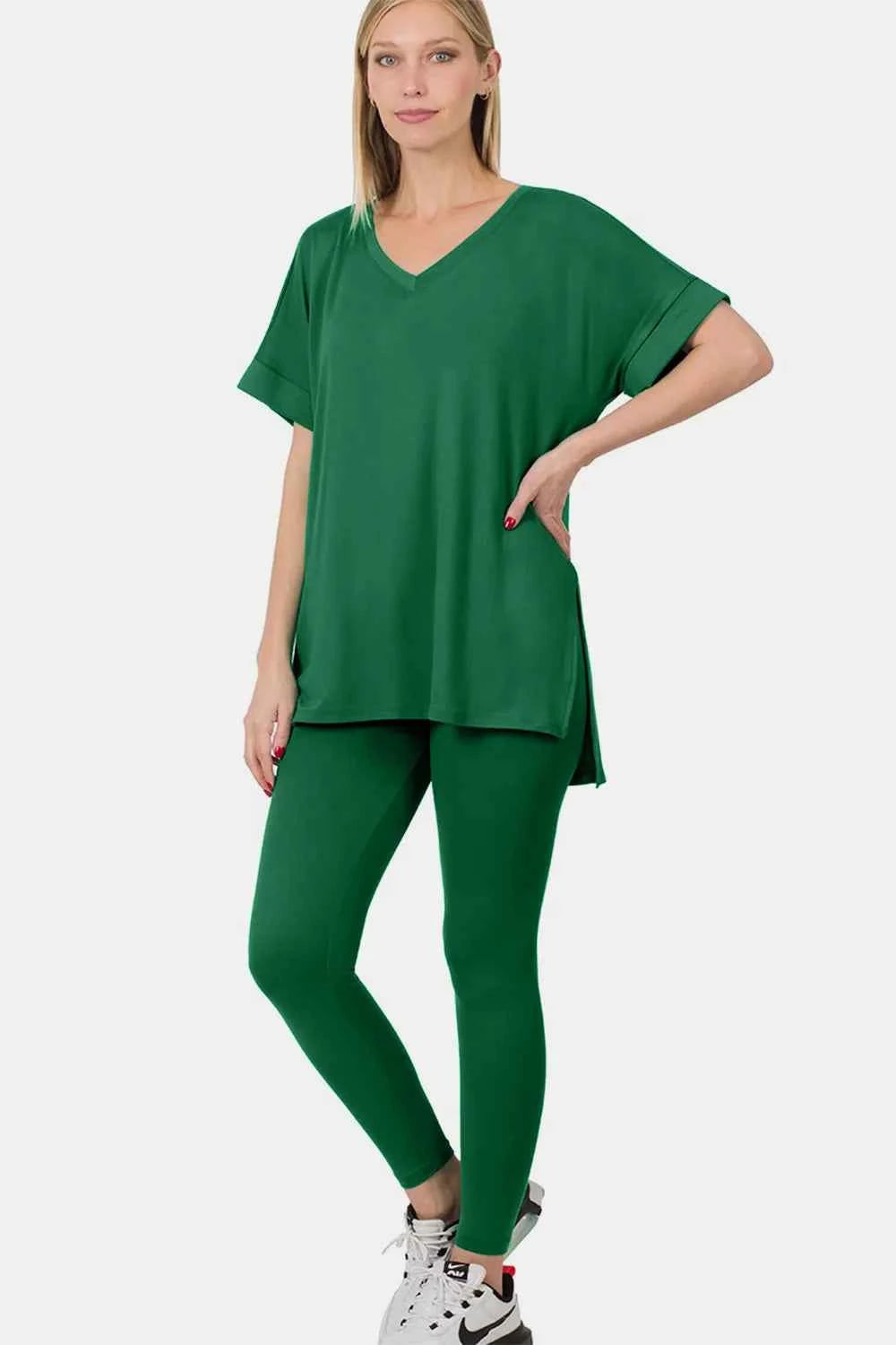 Zenana V-Neck Rolled Short Sleeve T-Shirt and Leggings Lounge Set c0c4bc85-97ba-4c46-bfea-417daac6e706-Max