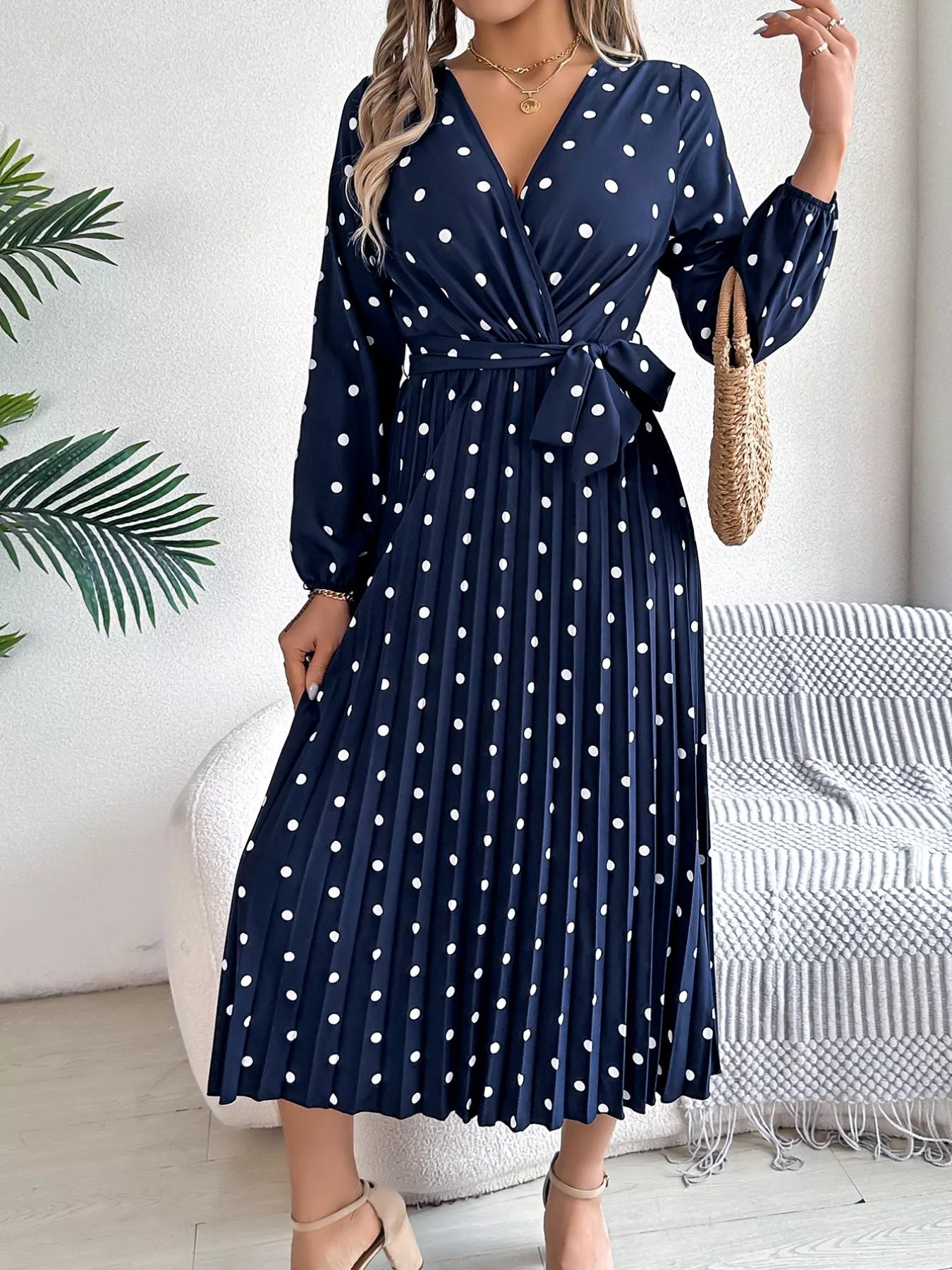 Front Tie Polka Dot Midi Pleated Dress c0c7846e-8663-441b-8372-31e67d2ab785-Max-Origin