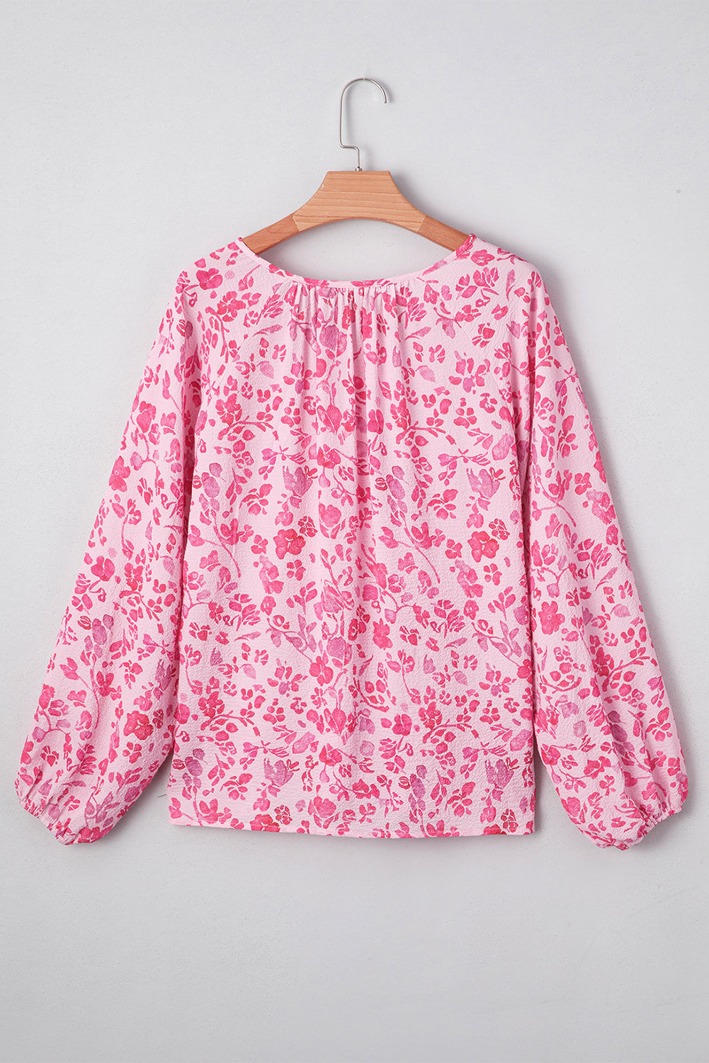 Pink Floral Puff Sleeve Split Neck Blouse c0c96570ffe7abc9