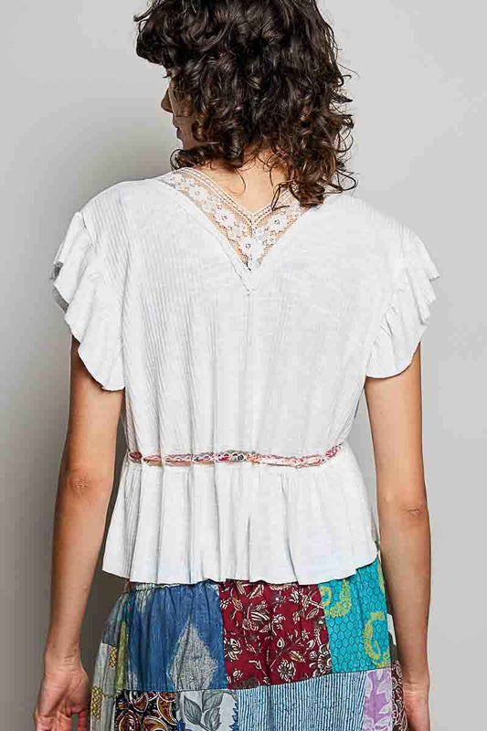 Tied Ruffled V-Neck Short Sleeve Blouse with Lace Detail c0cb7aab-c155-4341-b1f2-da6061df1fb8-Max