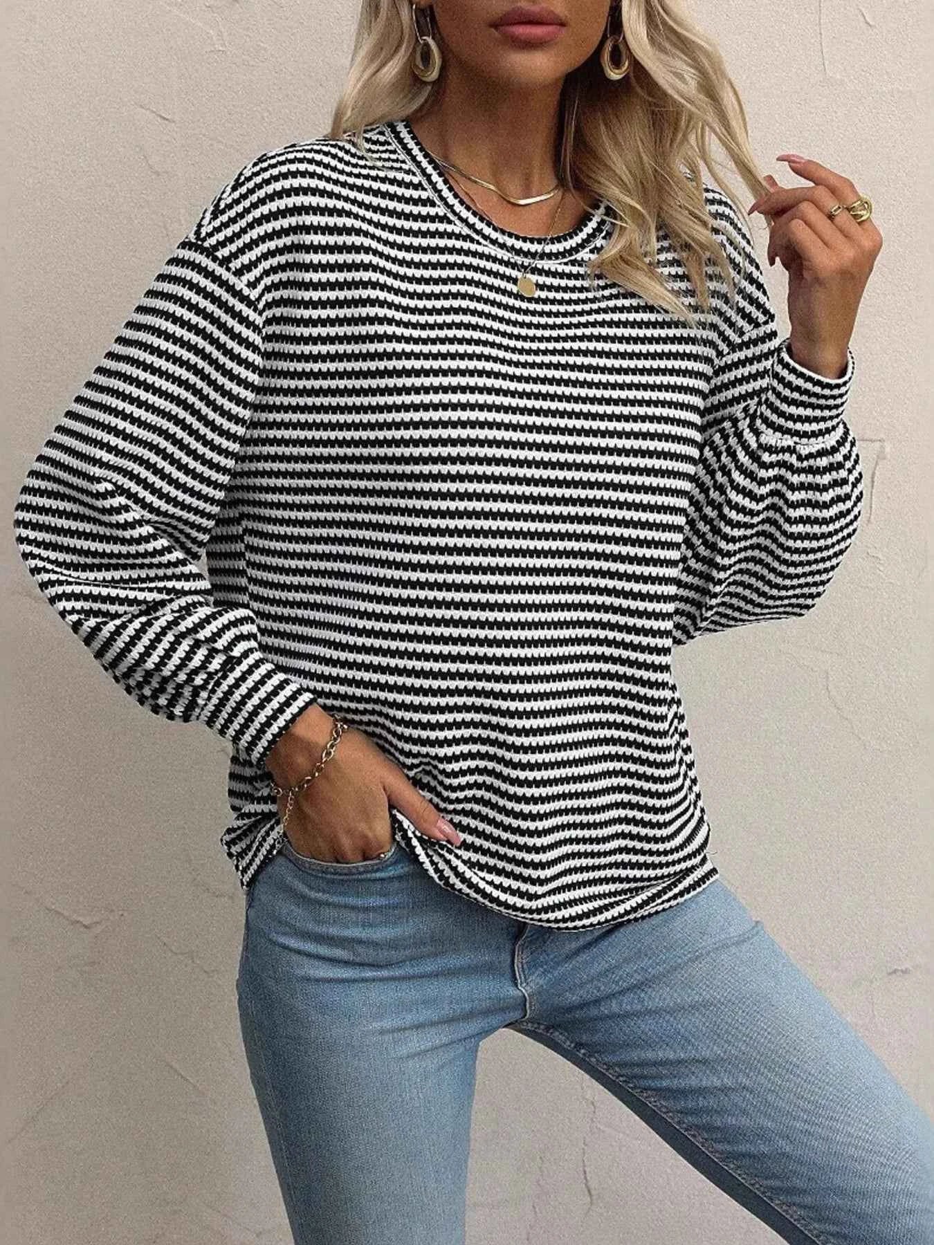 Striped Round Neck Lantern Sleeve Top c0cccdda122644909f63f244fe0e2356-Max-Origin